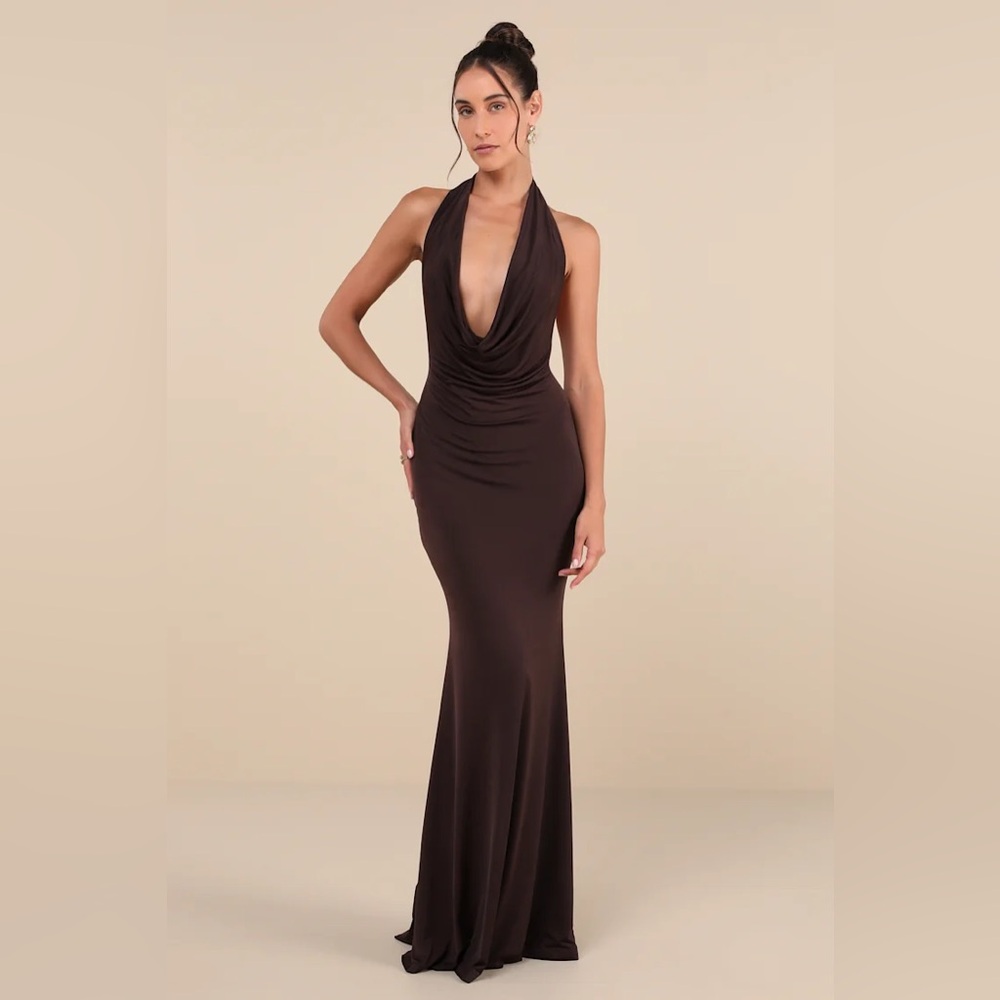 Brown Cowl Neck Halter Maxi Dress